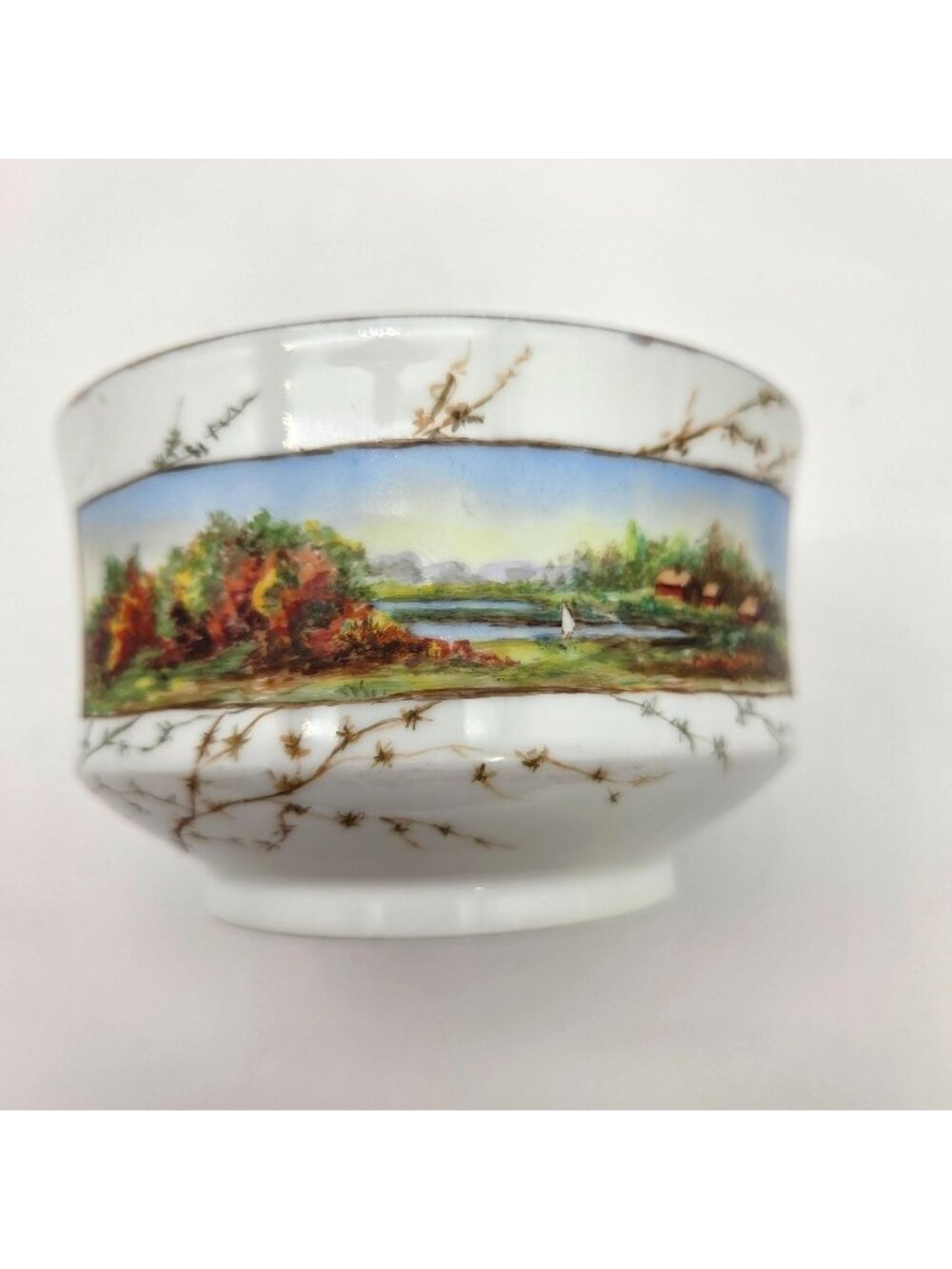 Vintage Hand Painted Porcelain Bowl Cabin Scene & Birds In Flight